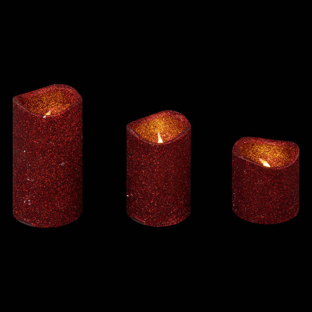 Feeric lights LED kaarsen set - 3x stuks - rood glitter - LED kaarsen