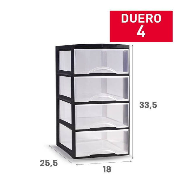 Plasticforte Ladeblokje/bureau organizer 4x lades - transparant/zwart - L18 x B25 x H33 cm - Ladeblok