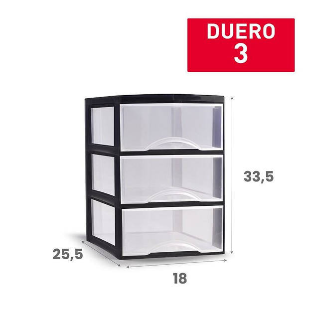 Plasticforte Ladeblokje/bureau organizer 3x lades - transparant/zwart - L18 x B25 x H25 cm - Ladeblok