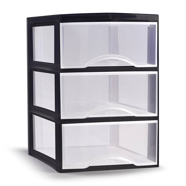 Plasticforte Ladeblokje/bureau organizer 3x lades - transparant/zwart - L18 x B25 x H25 cm - Ladeblok