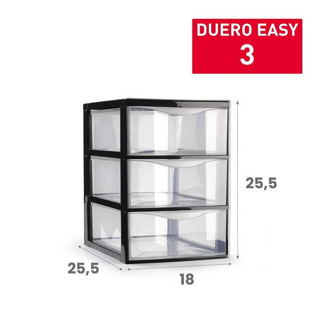 Plasticforte Ladeblokje/bureau organizer 3x lades - transparant/zwart - L18 x B25 x H25 cm - Ladeblok