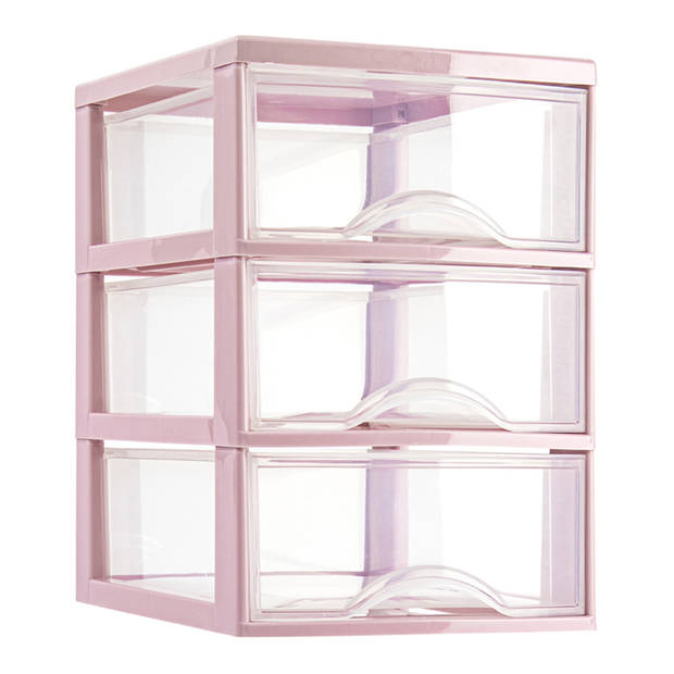 Plasticforte Ladeblokje/bureau organizer 3x lades - transparant/roze - L18 x B25 x H25 cm - Ladeblok