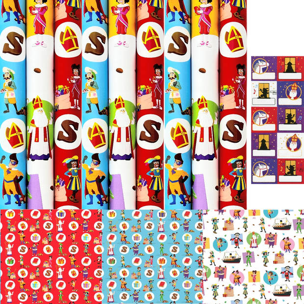 Club Van Sinterklaas Inpak Cadeaupapier incl. 40 naamstickers - 9 Rollen 70 cm x 2 meter