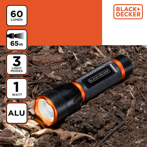 BLACK+DECKER LED Zaklamp 60 Lumen - 65M Bereik - 3 Lichtstanden: Hoog, Laag, Pulserend - Zwart/Oranje