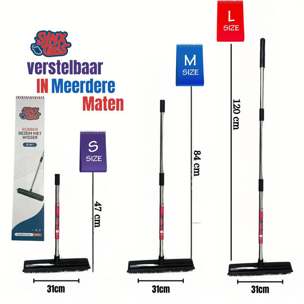 Synx Tools 2 in 1 Rubberen bezem met steel - kappersbezem - Bezem met Verstelbare Steel - Verstelbare Steel (tot 120 cm)