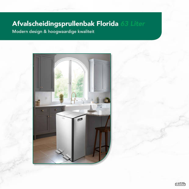 Luzzo® Florida Afvalscheidingsprullenbak Pedaalemmer 2x30 Ltr - Zilver