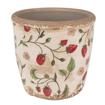 Clayre & Eef Bloempot Ø 14x13 cm Beige Rood Keramiek Aardbeien Bloempot Binnen Beige Bloempot Binnen