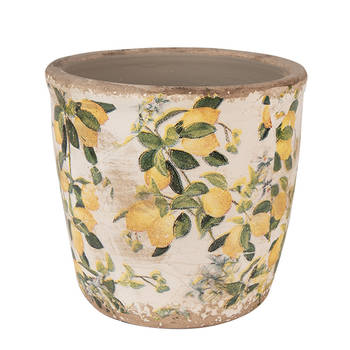 HAES DECO - Bloempot Ø 13x12 cm Beige Geel Keramiek Citroenen Bloempot Binnen