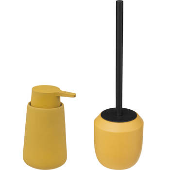 5Five Toiletborstel in houder/wc-borstel - polyresin/metaal - mosterdgeel - 38 x 11 cm - zeeppompje - Badkameraccessoire