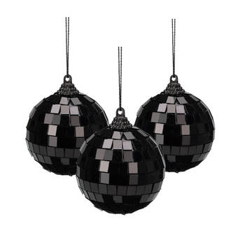 Christmas Decoration disco kerstbal - 3x st - zwart - 8 cm - kunststof - Kerstbal