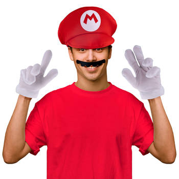 Funny Fashion Loodgieter Mario verkleedset - snor/handschoenen/pet - voor volwassenen - Verkleedattributen