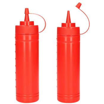 PlasticForte Doseerfles/sausfles - 2x stuks - kunststof - rood - met schenktuit - 500 ml - 23 cm - Maatbekers