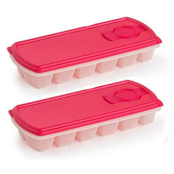 PlasticForte IJsblokjesvorm met deksel - 2x - 12 ijsklontjes - kunststof - fuchsia roze - IJsblokjesvormen