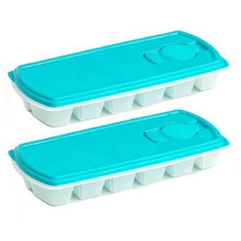 PlasticForte IJsblokjesvorm met deksel - 2x - 12 ijsklontjes - kunststof - lichtblauw - IJsblokjesvormen