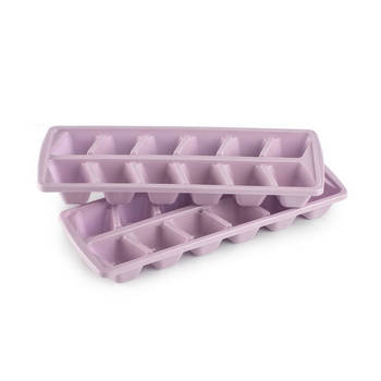 Plasticforte IJsblokjesvormen set 2x stuks met deksel - 24x ijsklontjes - kunststof - oud roze - IJsblokjesvormen