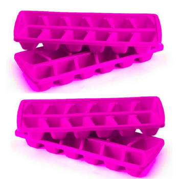 Plasticforte IJsblokjesvormen set 4x stuks met deksel - 24 ijsklontjes - kunststof - roze - IJsblokjesvormen