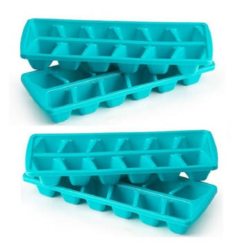 Plasticforte IJsblokjesvormen set 4x stuks met deksel - 24 ijsklontjes - kunststof - blauw - IJsblokjesvormen