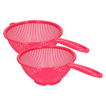 PlasticForte Keuken vergieten/zeef met steel - 2x stuks - kunststof - Dia 22/24 cm - fuchsia roze - Vergieten