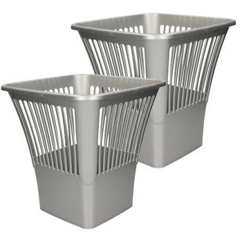 Plasticforte Afvalbak/vuilnisbak/kantoor prullenbak - 2x stuks - plastic - zilver/grijs - 30 cm - Prullenmanden