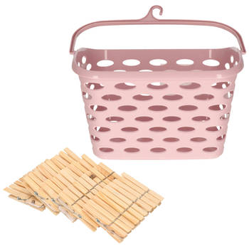 Wasknijpersmandje met haak - roze - en 100x houten wasknijpers 7 cm - Knijpers