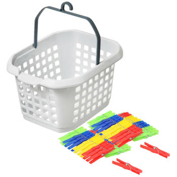 Wasknijpers ophang mandje/bakje - wit - met 48x plastic knijpers - knijperszakken