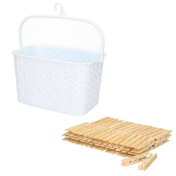 Wasknijpersmandje met ophanghaak - wit - en 60x houten wasknijpers 7 cm - knijperszakken