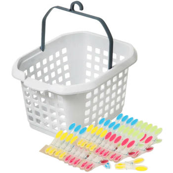 Wasknijpers ophang mandje/bakje - wit - met 60x plastic soft grip knijpers - knijperszakken