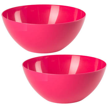 Plasticforte Serveerschaal/saladeschaal - 2x stuks - D20 x H8 cm - kunststof - fuchsia roze - Serveerschalen