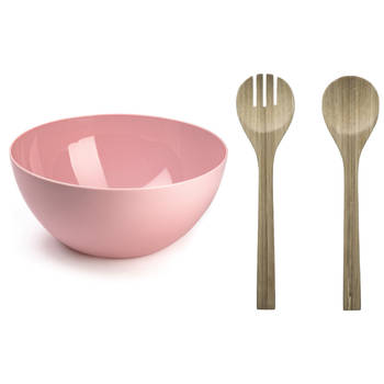 Salade serveer schaal - roze - kunststof - Dia 28 cm - incl. bamboe Sla couvert/bestek - Serveerschalen