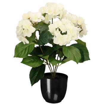 Hortensia kunstplant/kunstbloemen 40 cm - wit - in pot zwart glans - Kunstplanten