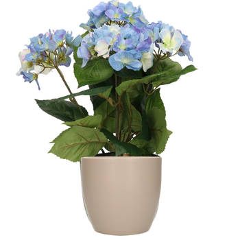 Hortensia kunstplant met bloemen blauw - in pot taupe - 40 cm hoog - Kunstplanten
