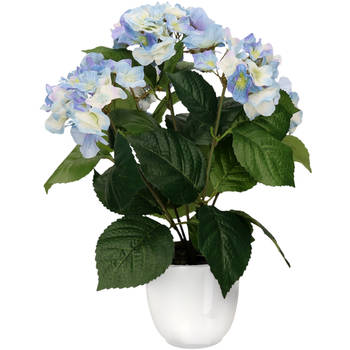 Hortensia kunstplant/kunstbloemen 40 cm - blauw - in pot wit glans - Kunstplanten