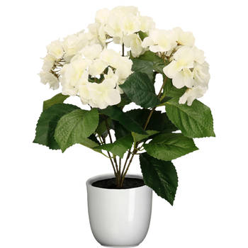 Hortensia kunstplant/kunstbloemen 40 cm - wit - in pot wit glans - Kunstplanten