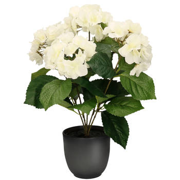 Hortensia kunstplant/kunstbloemen 40 cm - wit - in pot mat zwart - Kunstplanten