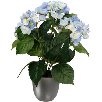 Hortensia kunstplant/kunstbloemen 40 cm - blauw - in pot metallic grijs - Kunstplanten