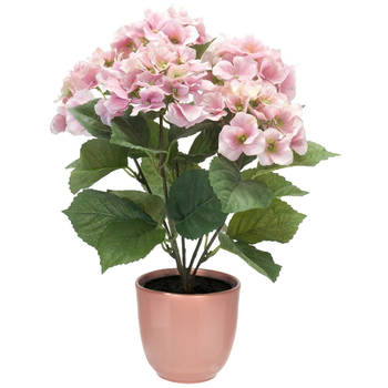Hortensia kunstplant/kunstbloemen 40 cm - roze - in pot lichtroze glans - Kunstplanten