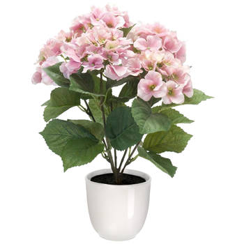 Hortensia kunstplant/kunstbloemen 40 cm - roze - in pot wit glans - Kunstplanten