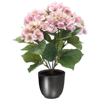 Hortensia kunstplant/kunstbloemen 40 cm - roze - in pot metallic grijs - Kunstplanten