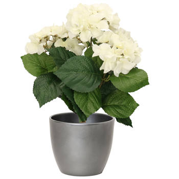 Hortensia kunstplant met bloemen wit - in pot zilver metallic - 40 cm hoog - Kunstplanten