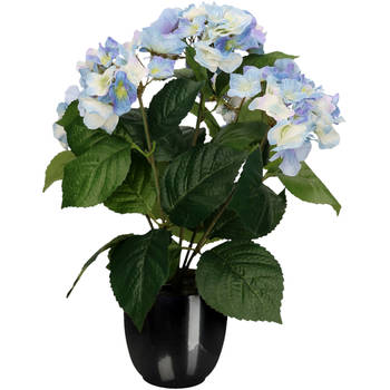 Hortensia kunstplant/kunstbloemen 40 cm - blauw - in pot zwart glans - Kunstplanten