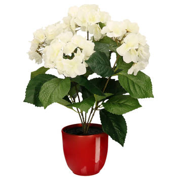 Hortensia kunstplant/kunstbloemen 40 cm - wit - in pot rood glans - Kunstplanten