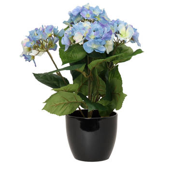 Hortensia kunstplant met bloemen blauw - in pot zwart - 40 cm hoog - Kunstplanten