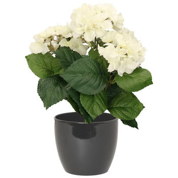 Hortensia kunstplant met bloemen wit - in pot antraciet grijs - 40 cm hoog - Kunstplanten