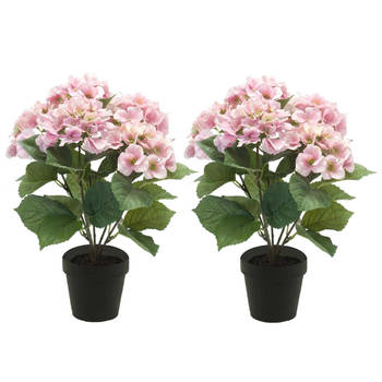 Hortensia kunstplant in kunststof pot - 2x - roze - 40 cm - Kunstplanten