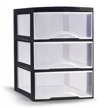 Plasticforte Ladeblokje/bureau organizer 3x lades - transparant/zwart - L26 x B36 x H37 cm - Ladeblok