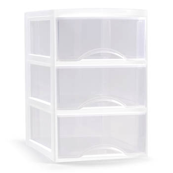 Plasticforte Ladeblokje/bureau organizer 3x lades - transparant/wit - L18 x B25 x H25 cm - Ladeblok