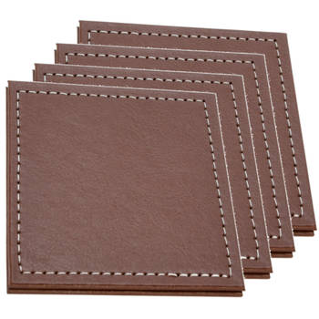 H&S Collection Onderzetters voor glazen - 8x - bruin - kunstleder - 10 x 10 cm - Glazenonderzetters