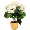 Hortensia kunstplant/kunstbloemen 40 cm - wit - in pot okergeel glans - Kunstplanten