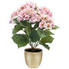 Hortensia kunstplant/kunstbloemen 40 cm - roze - in pot goud mat - Kunstplanten