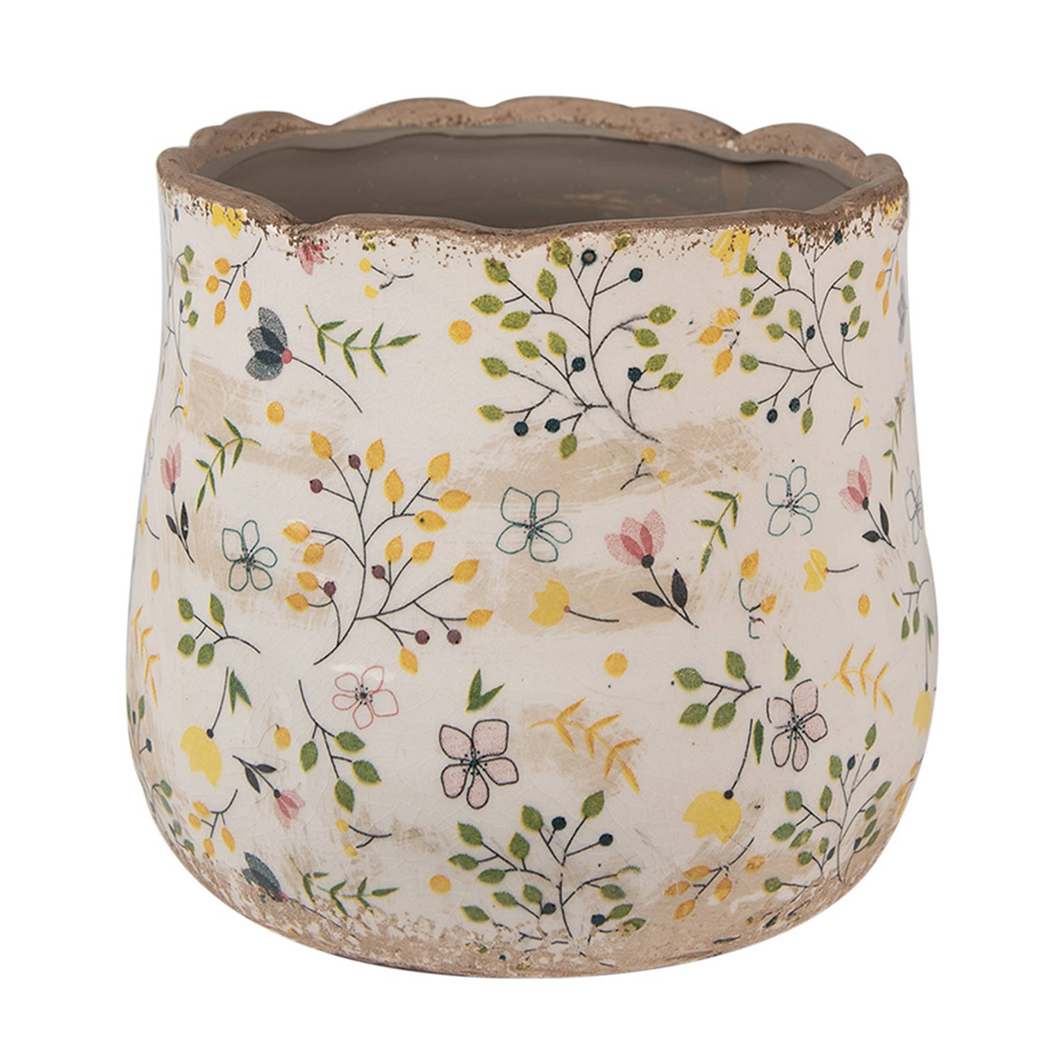 Clayre & Eef Bloempot Ø 18x16 cm Beige Geel Keramiek Bloemen Bloempot Binnen